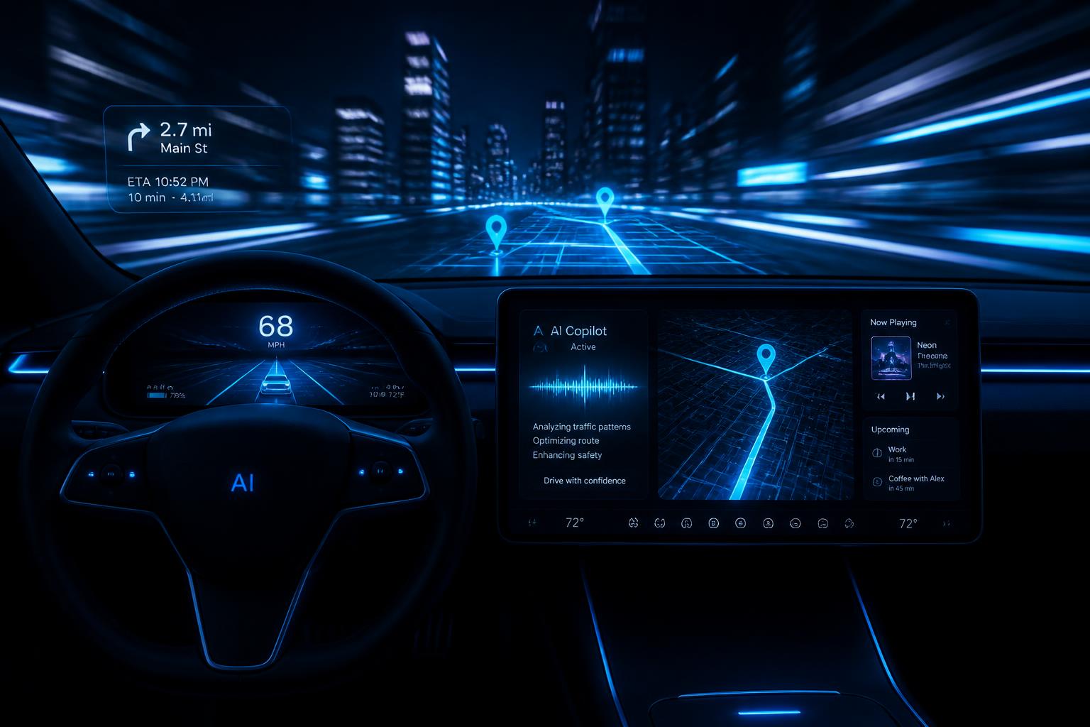 MobAility AI dashboard inside a vehicle showing navigation, AI copilot and trip information